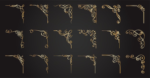 Colección de marcos de esquina decorativos. Esquinas y bordes antiguos. Adornos retro elegantes. Vector