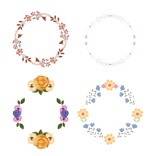 Colección de marcos florales Conjunto de lindas flores retro dispuestas en forma de corona perfectas para el matrimonio