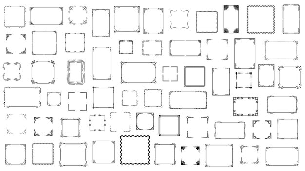 Colección de marcos de línea simple de color negro grande Doodle Elementos de marcos florales cuadrados Estilo de diseño vectorial