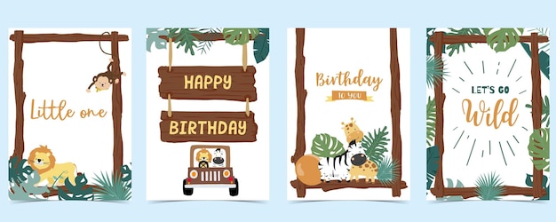 Colección de marcos de madera de conjunto de fondo de safariIlustración vectorial editable para invitación de cumpleaños, postal y pegatina