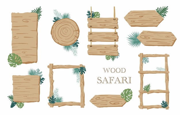 Colección de marcos de madera de conjunto de fondo de safariIlustración vectorial editable para invitación de cumpleaños, postal y pegatina