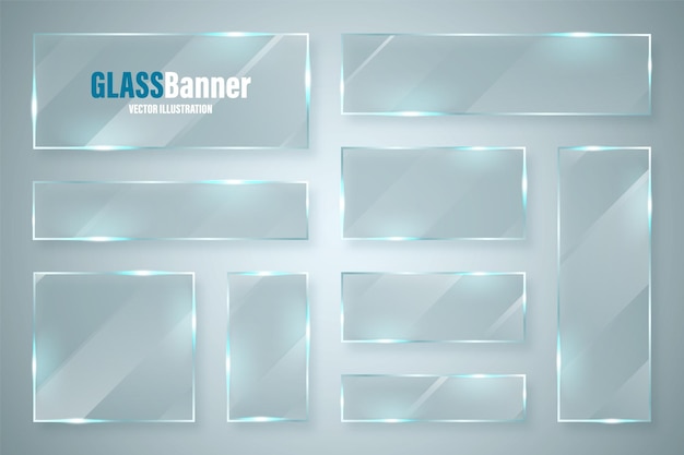 Colección de marcos de vidrio pancarta de vidrio transparente brillante realista con elemento de diseño vectorial deslumbrante