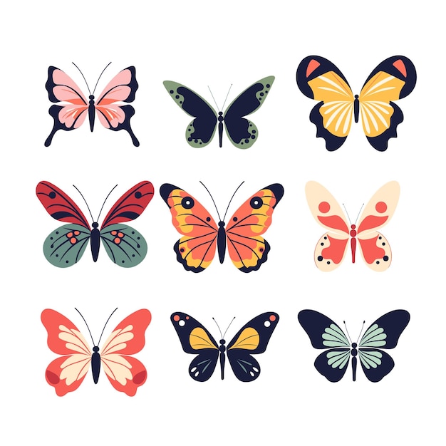 Colección de mariposas coloridas ilustración vectorial Varios diseños de mariposa aislados blanco