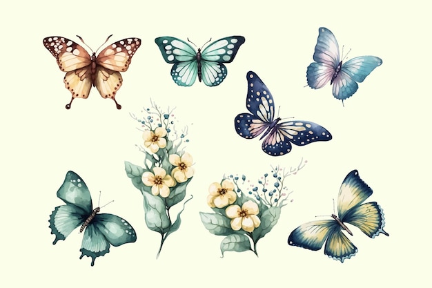 Vector una colección de mariposas y flores sobre un fondo claro.