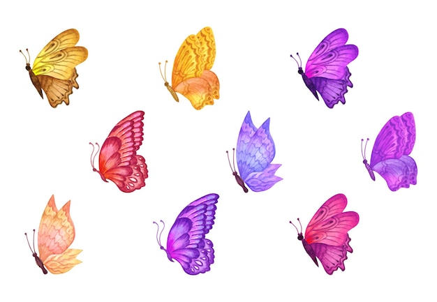 Colección de mariposas de primavera pintadas a mano en acuarela