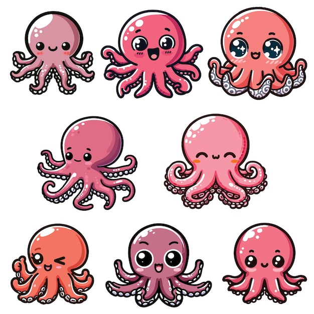 Colección de mascota de dibujos animados chibi pulpo vector