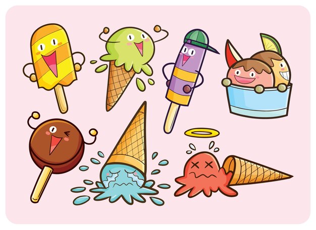 Colección de mascotas de helado de verano kawaii en dibujos animados
