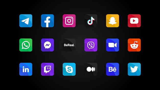 Colección de medios sociales populares y mensajeros Ilustraciones de logotipos degradados Conjunto editorial realista Botones cuadrados degradados coloridos con esquinas redondeadas Elemento web para aplicaciones móviles