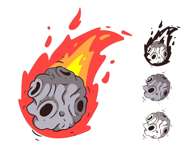 Colección de meteoritos con caída de cometas. Asteroides. El volcan. Cráter en estilo de dibujos animados.