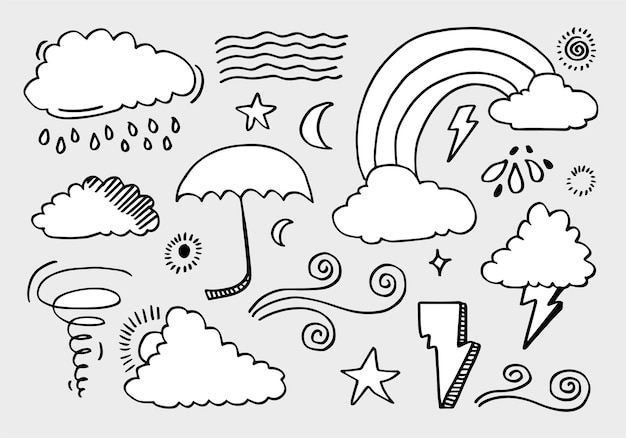 Colección meteorológica dibujada a mano Ilustración vectorial de estilo plano sobre fondo gris