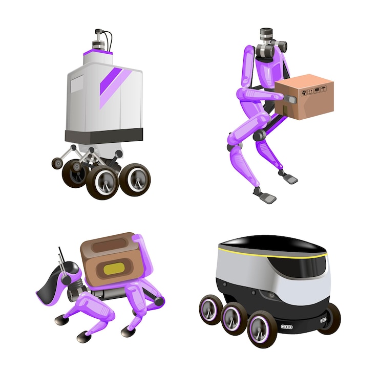 Vector colección con métodos de entrega de robots modernos robots con cajas y entrega rápida de mercancías en la ciudad concepto de innovación de envío tecnológico ilustración vectorial isométrica moderna aislado