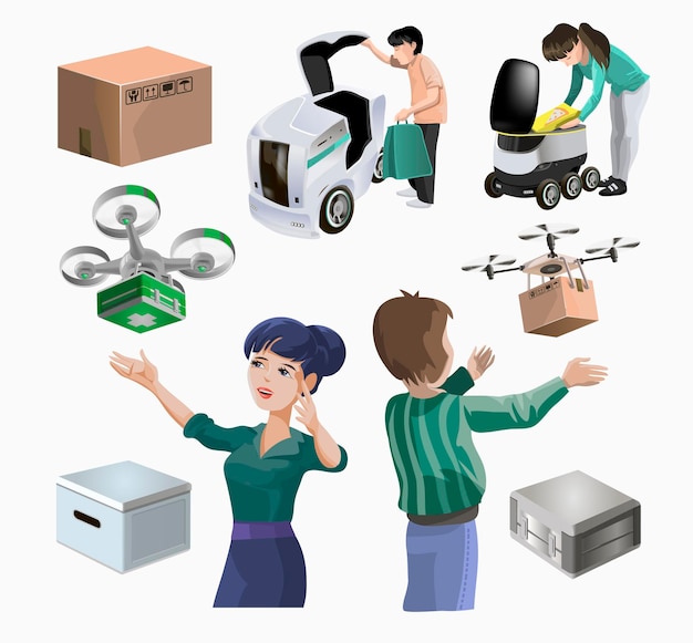 Colección con métodos de entrega de robots modernos Robots con cajas y entrega rápida de mercancías en la ciudad Concepto de innovación de envío tecnológico Ilustración vectorial isométrica moderna