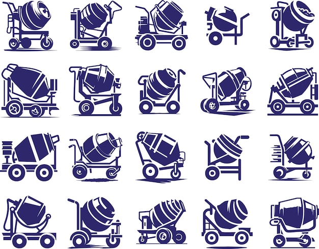Colección de mezcladores de hormigón estilizados en estilo de arte vectorial