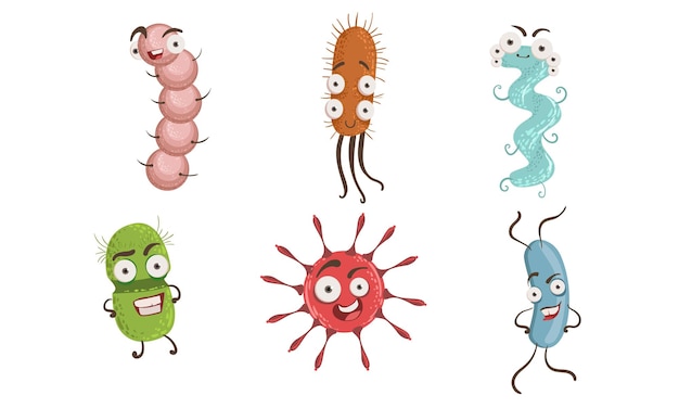Colección de microbios coloridas bacterias y patógenos personajes con varias emociones ilustración vectorial