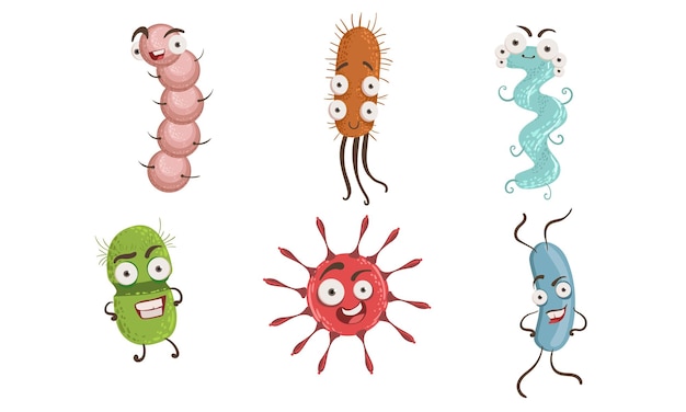 Vector colección de microbios coloridas bacterias y patógenos personajes con varias emociones ilustración vectorial