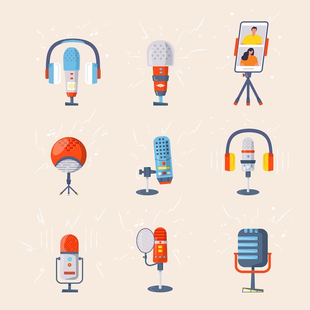 Colección de micrófono, auriculares, smartphone.