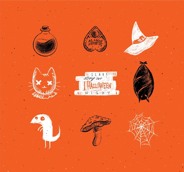 Vector colección de miedo de halloween botella de elixir sombrero ouija cabeza de gato murciélago drácula seta araña web iconos