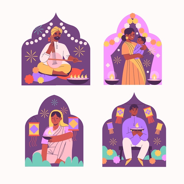 Colección de mini composiciones de personas indias dibujadas a mano