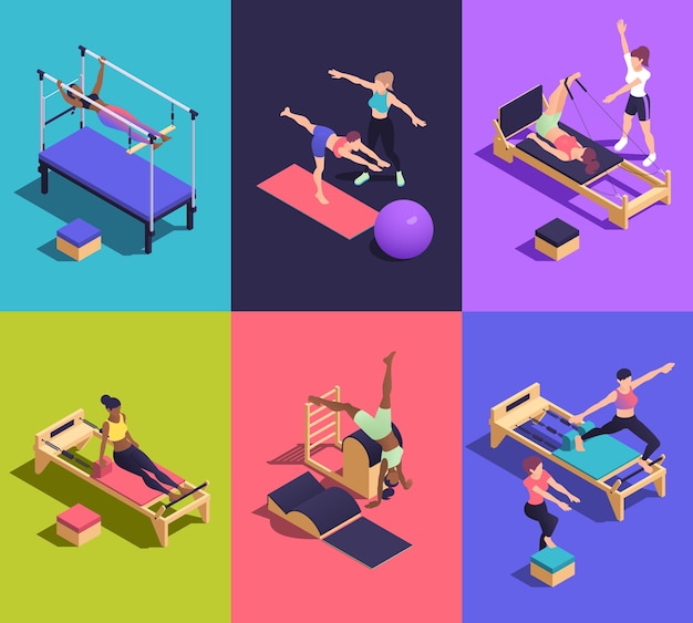 Colección de mini composiciones de práctica de pilates isométrico de dibujos animados