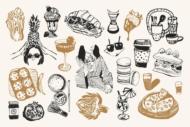Colección mínima de dibujos de alimentos y bebidas vectoriales para postales o carteles