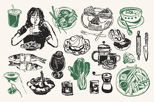 Colección mínima de dibujos de alimentos y bebidas vectoriales para postales o carteles