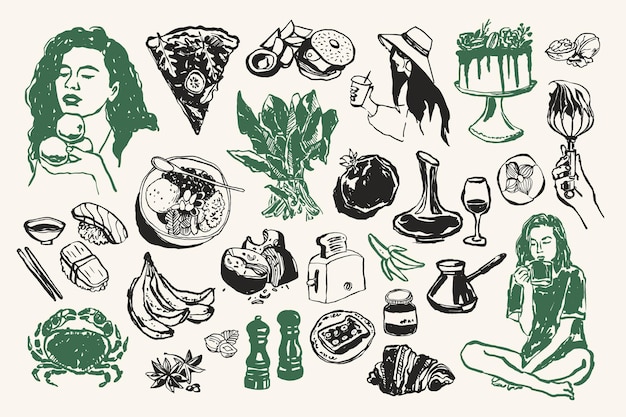 Colección mínima de dibujos de alimentos y bebidas vectoriales para postales o carteles