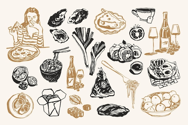 Colección mínima de dibujos de alimentos y bebidas vectoriales para postales o carteles