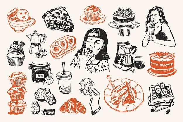 Colección mínima de dibujos de alimentos y bebidas vectoriales para postales o carteles