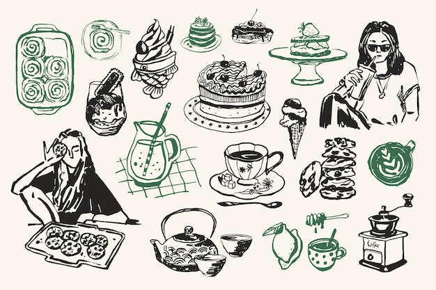 Colección mínima de dibujos de alimentos y bebidas vectoriales para postales o carteles
