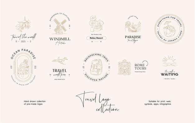 Colección mínima de plantillas de diseño de logotipos vectoriales de viajes para agencias de viajes o bloggers de viajes