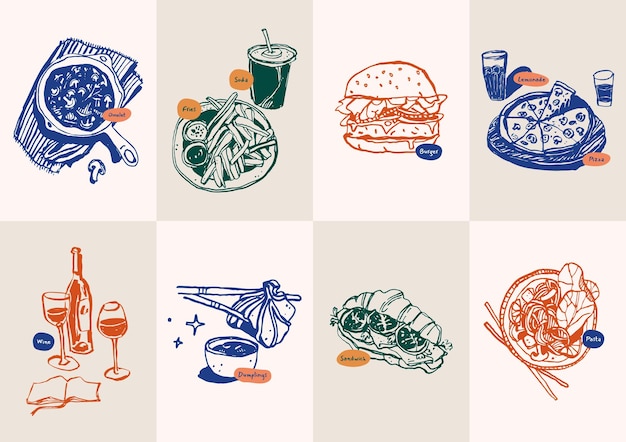 Colección minimalista de ilustraciones vectoriales de alimentos y bebidas dibujadas a mano. Arte para postales, branding