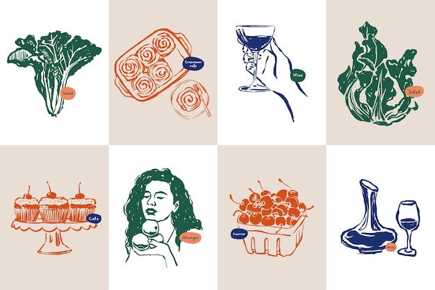 Colección minimalista de ilustraciones vectoriales de comida y bebida dibujadas a mano