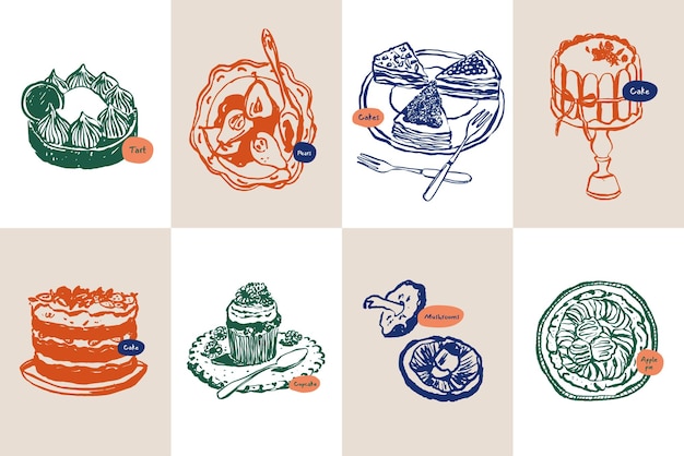 Colección minimalista de ilustraciones vectoriales de comida y bebida dibujadas a mano