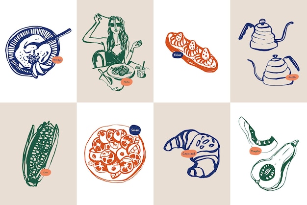 Colección minimalista de ilustraciones vectoriales de comida y bebida dibujadas a mano