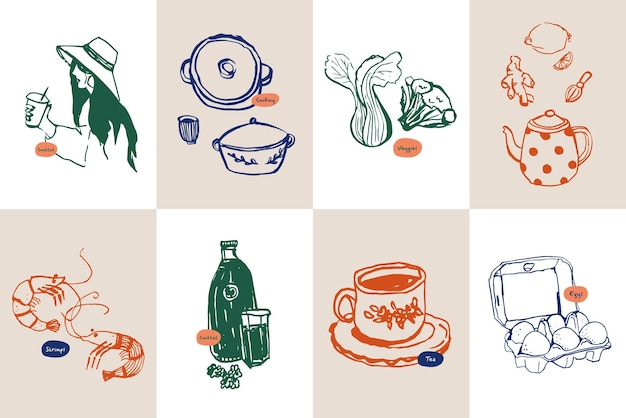 Colección minimalista de ilustraciones vectoriales de comida y bebida dibujadas a mano