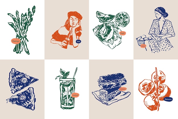 Colección minimalista de ilustraciones vectoriales de comida y bebida dibujadas a mano