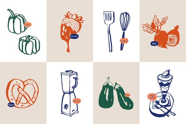 Colección minimalista de ilustraciones vectoriales de comida y bebida dibujadas a mano