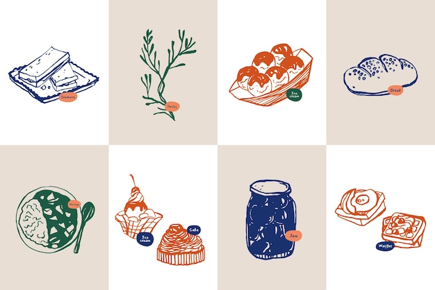 Colección minimalista de ilustraciones vectoriales de comida y bebida dibujadas a mano