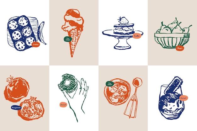 Colección minimalista de ilustraciones vectoriales de comida y bebida dibujadas a mano
