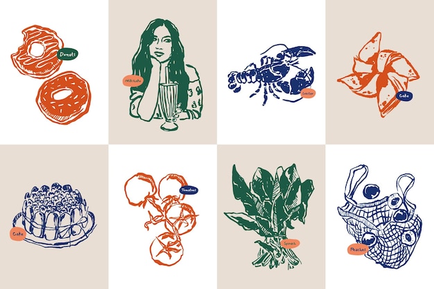 Colección minimalista de ilustraciones vectoriales de comida y bebida dibujadas a mano
