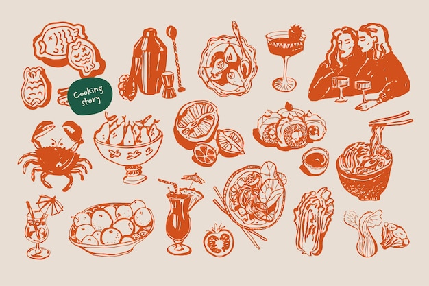 Colección minimalista de ilustraciones vectoriales de comida y bebida dibujadas a mano