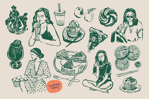 Colección minimalista de ilustraciones vectoriales de comida y bebida dibujadas a mano