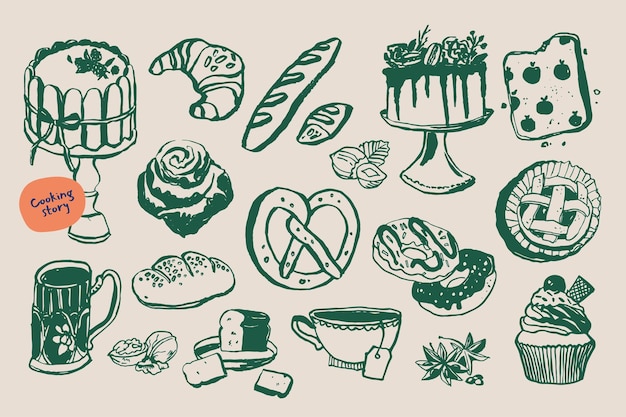Colección minimalista de ilustraciones vectoriales de comida y bebida dibujadas a mano