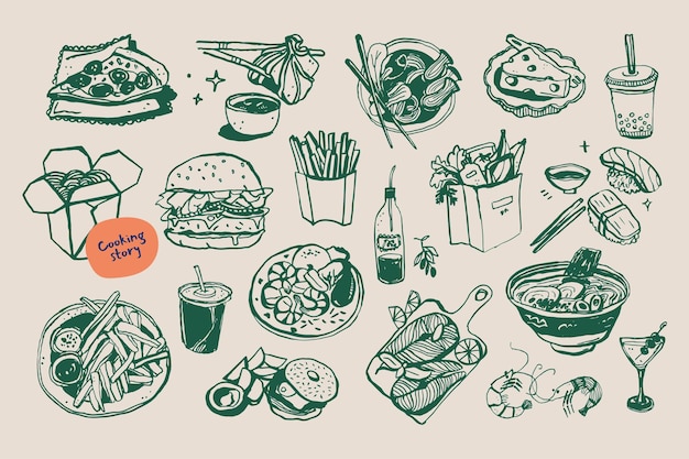 Colección minimalista de ilustraciones vectoriales de comida y bebida dibujadas a mano