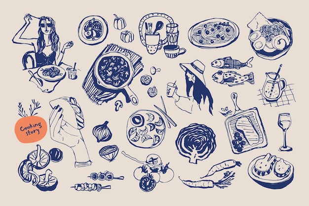 Colección minimalista de ilustraciones vectoriales de comida y bebida dibujadas a mano