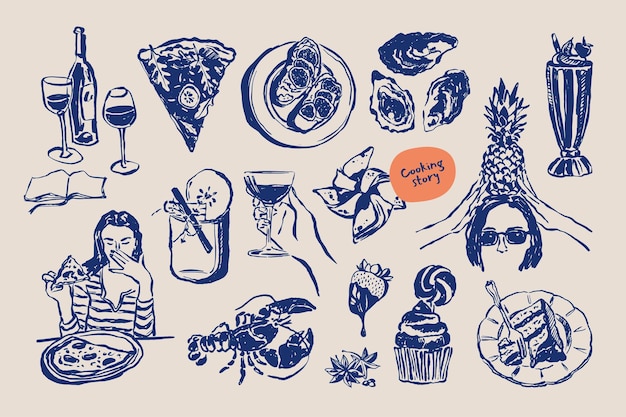 Colección minimalista de ilustraciones vectoriales de comida y bebida dibujadas a mano