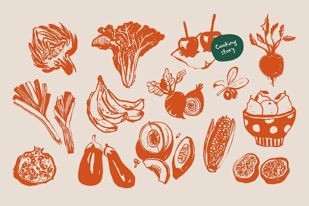 Colección minimalista de ilustraciones vectoriales de comida y bebida dibujadas a mano