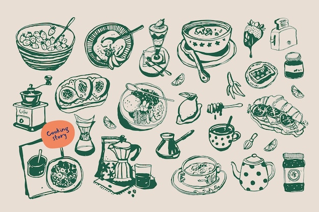 Colección minimalista de ilustraciones vectoriales de comida y bebida dibujadas a mano