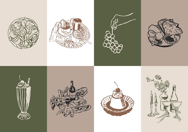 Colección minimalista de ilustraciones vectoriales de comida y bebida dibujadas a mano