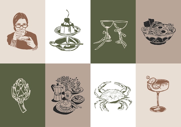Colección minimalista de ilustraciones vectoriales de comida y bebida dibujadas a mano